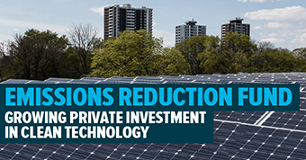 Photo of solar panels with text: Emissions reduction fund - growing private investment in clean technology