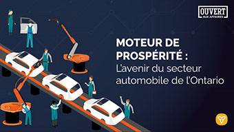 Image de travailleurs sur une chaîne de montage automobile, avec le texte « Moteur de la prospérité : L’avenir du secteur automobile de l'Ontario »