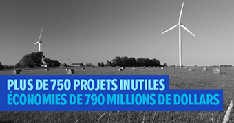 Photo d’éoliennes, accompagnée du texte « Plus de 750 projets inutiles — économies de 790 millions de dollars »
