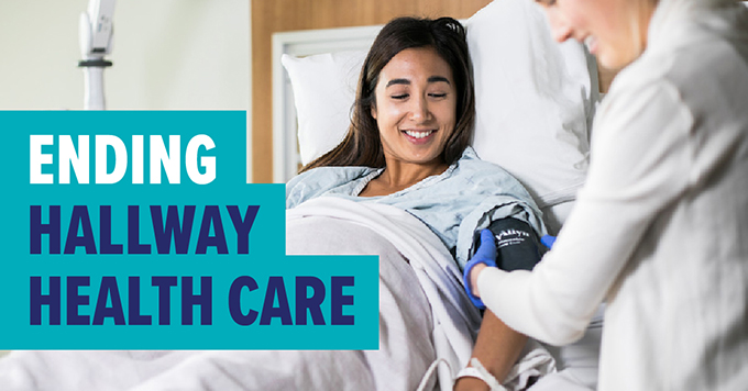 Photo of doctor and patient with text: Ending hallway health care