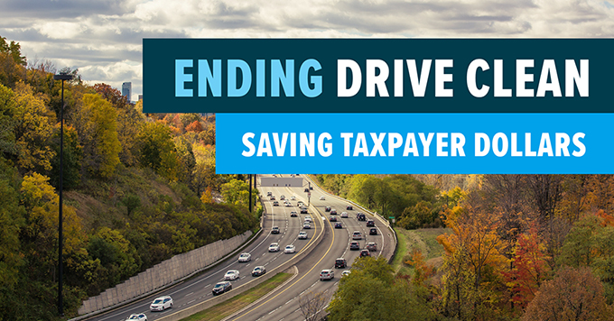 Photo of highway with text: Ending drive clean, saving taxpayer dollars