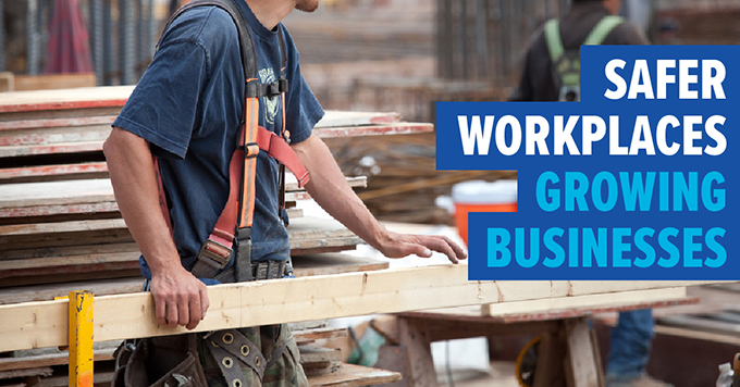 Photo of construction worker with text: Safer workplaces growing businesses