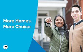 Photo of couple pointing at something with text: More Homes, More choice