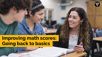 Photo of students and teacher with text: Improving math scores: going back to basics