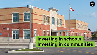 Photo of school building with text: Investing in schools investing in communities