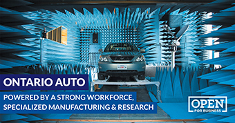 Photo of new car with text: Ontario auto - powered by a strong workforce, specialized manufacturing and research