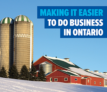 Photo of farm with text: Making it easier to do business in Ontario