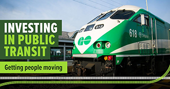 Photo of GO train with text: Investing in public transit - getting people moving