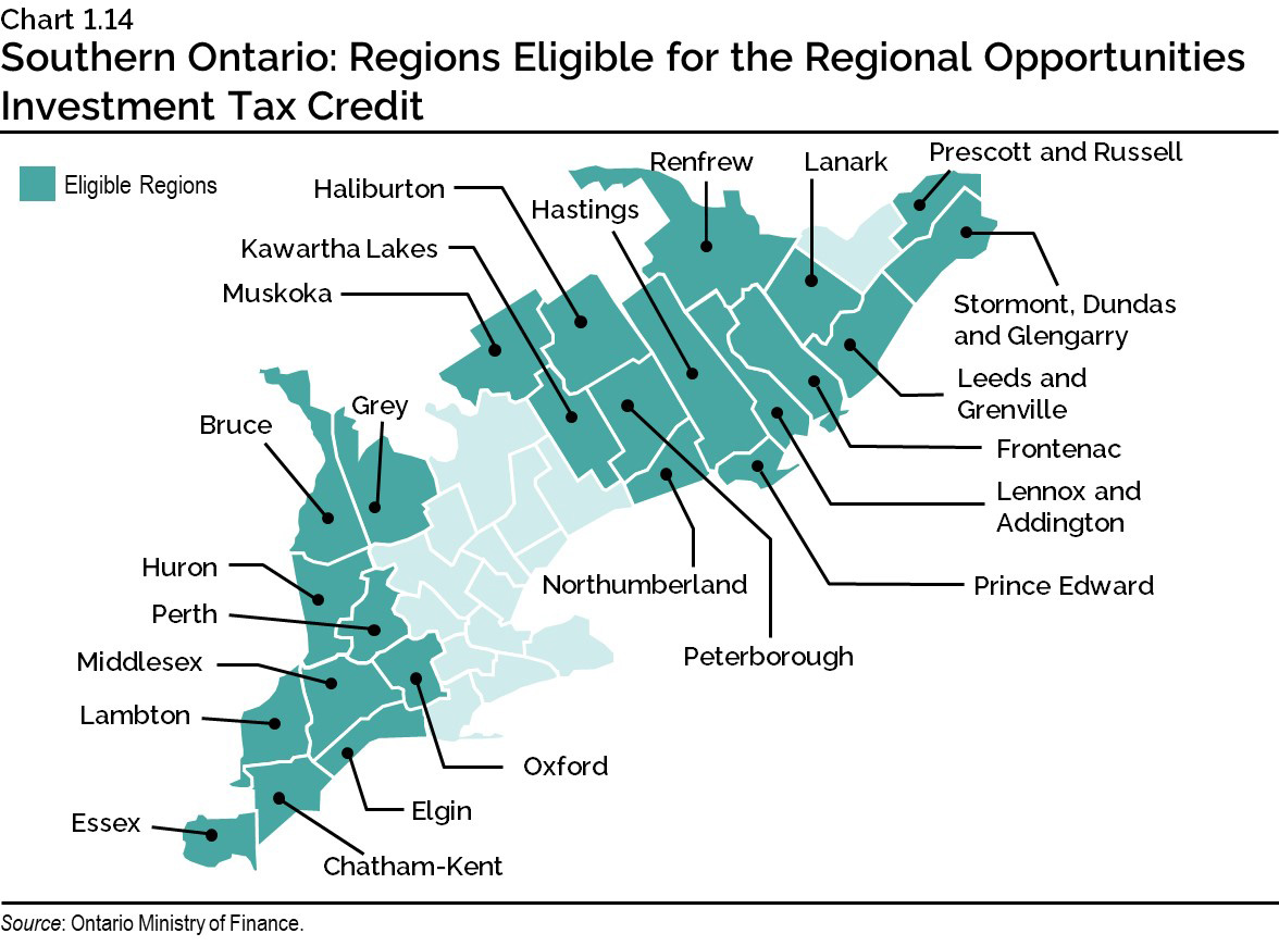 Chart 1.14: Southern Ontario: Regions Eligible for the Regional Opportunities Investment Tax Credit