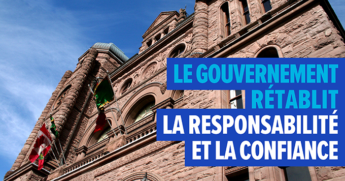 Photo de l’Assemblée législative de Queen’s Park avec le texte suivant : Le gouvernement rétablit la responsabilité et la confiance
