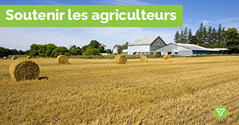 Photo d’une ferme, avec le texte « Soutenir les agriculteurs »