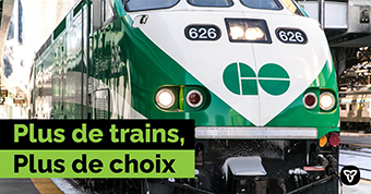 Photo d’un train GO, avec le texte « Plus de trains, plus de choix »
