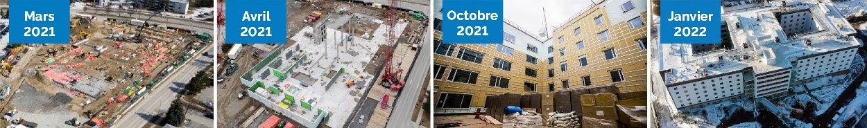 Photos montrant la progression des travaux de construction du foyer de soins de longue durée Lakeridge Gardens, à Ajax. Les photos datent de mars 2021, d'avril 2021, d'octobre 2021 et de janvier 2022.