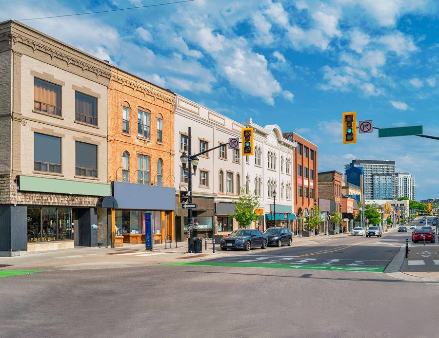Photo of a commercial street in Waterloo, Ontario.