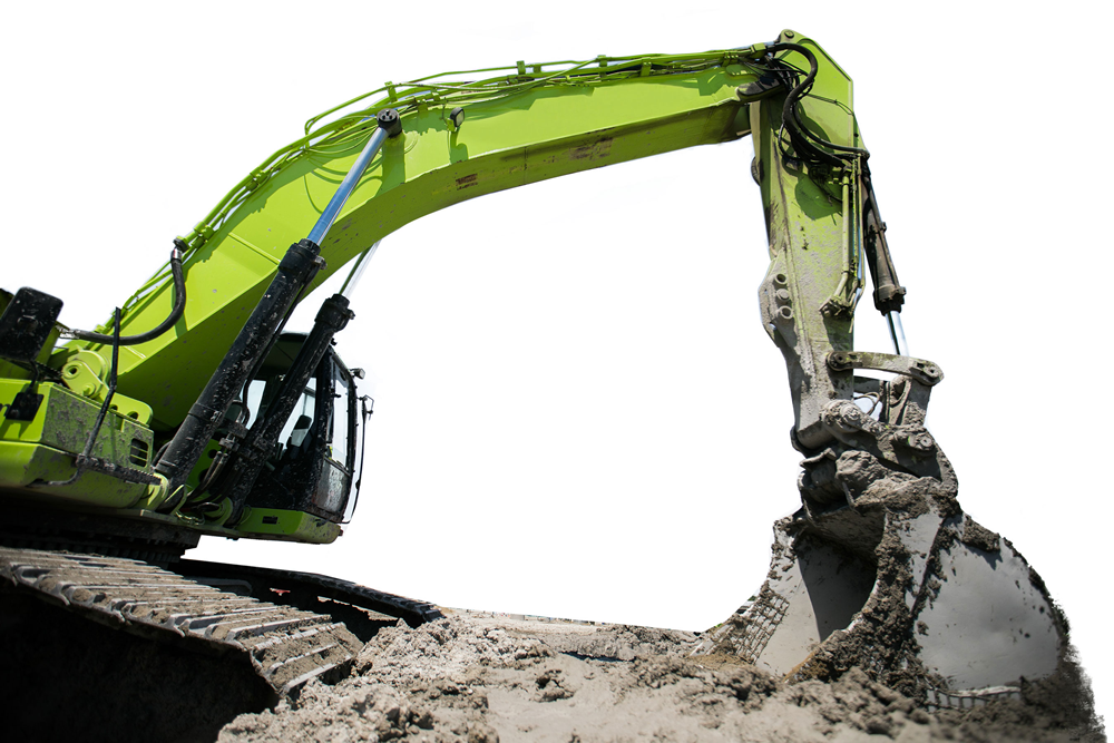 Photo of a backhoe machine excavating material.