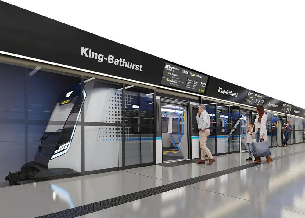 Initial concept rendering showing a side view of the exterior of an Ontario Line subway training behind platform-edge doors at King-Bathurst Station.