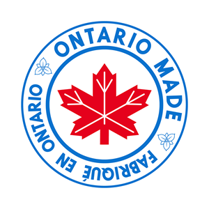 Logo sur lequel sont inscrits Fabriqué en Ontario - Ontario Made, avec une feuille d’érable rouge au milieu et deux trilles.