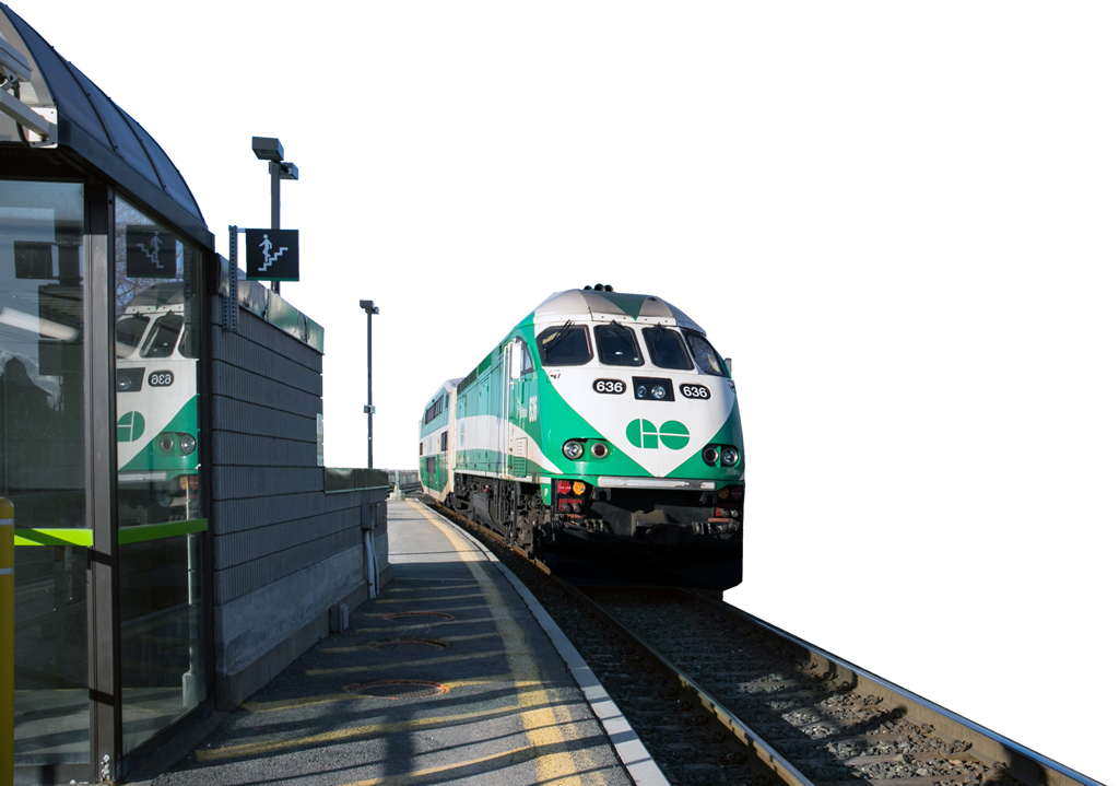 Photo d’un train GO et d’un quai de gare.