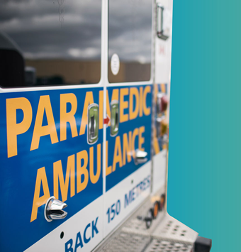 Photo of the rear doors of an ambulance emergency vehicle.