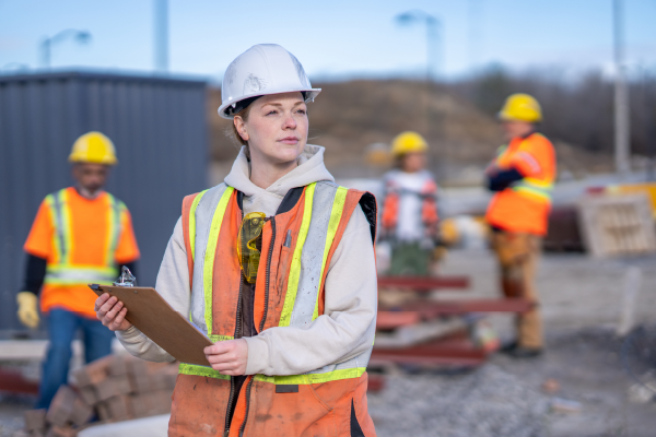 Photo d’une travailleuse sur un chantier de construction tenant une planchette à pince.