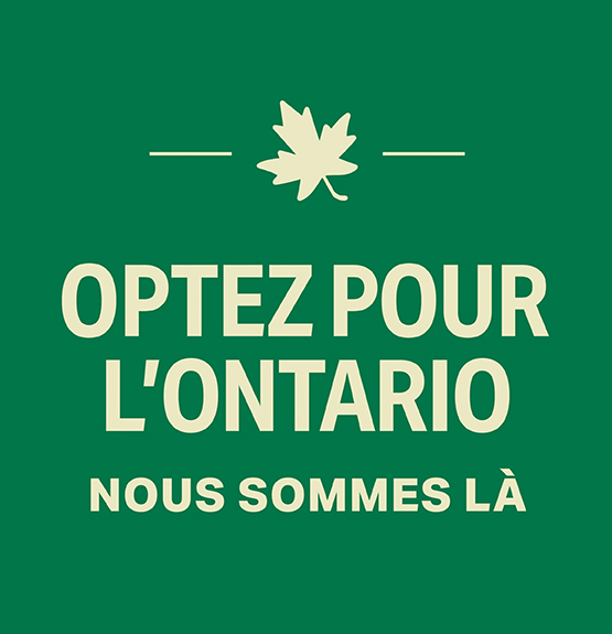 Logo « Achetez Ontarien » ponctué d’une feuille d’érable avec la mention « Nous sommes là ».