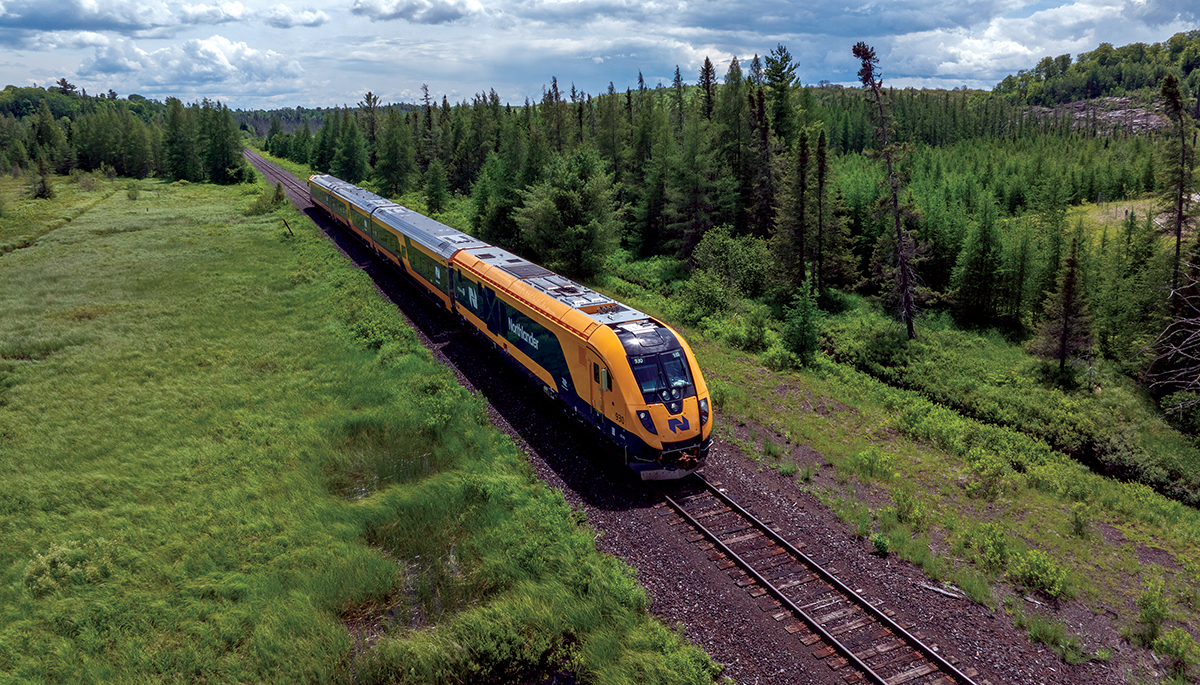 Photo du train de passagers Northlander en mouvement, dans un environnement forestier.